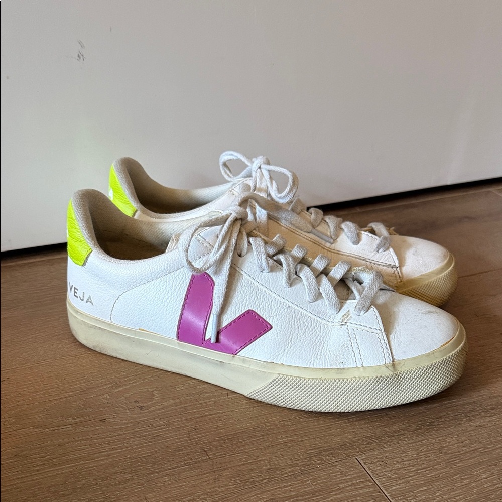 Veja White Leather Sneakers with Pink V and Neon Yellow Heel Tab